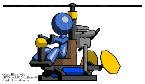 Blue Design Mascot Man Flying In Gyrocopter Front Side Angle View #11602