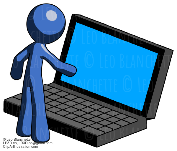 Blue Design Mascot Man Using Large Laptop Computer #11605