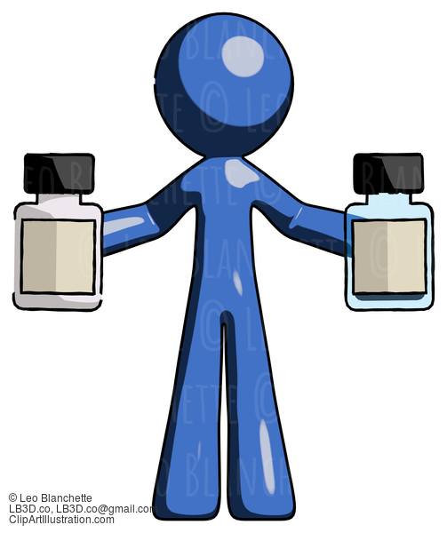 Blue Design Mascot Man Holding Two Medicine Bottles #11607