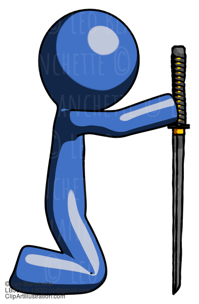 Blue Design Mascot Man Kneeling With Ninja Sword Katana Showing Respect #11609