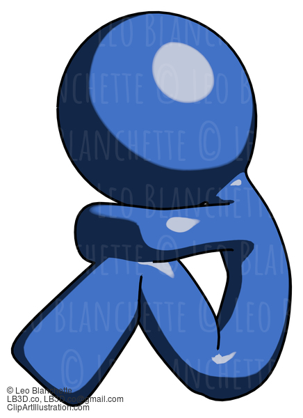 Blue Design Mascot Man Sitting With Head Down Facing Sideways Left #11611