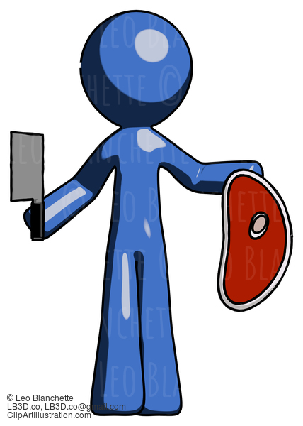 Blue Design Mascot Man Holding Large Steak With Butcher Knife #11614