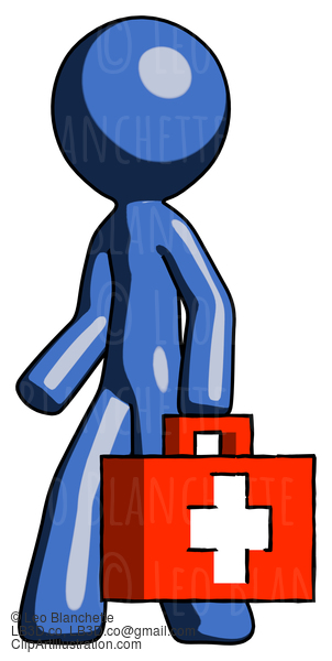 Blue Design Mascot Man Walking With Medical Aid Briefcase To Left #11616