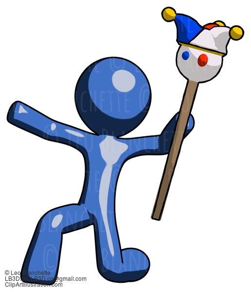 Blue Design Mascot Man Holding Jester Staff Posing Charismatically #11618