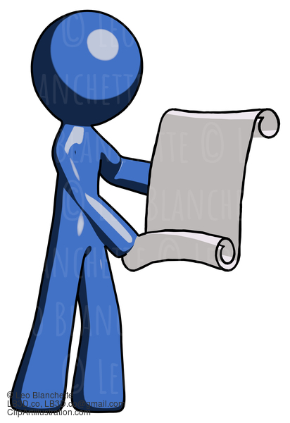 Blue Design Mascot Man Holding Blueprints Or Scroll #11621