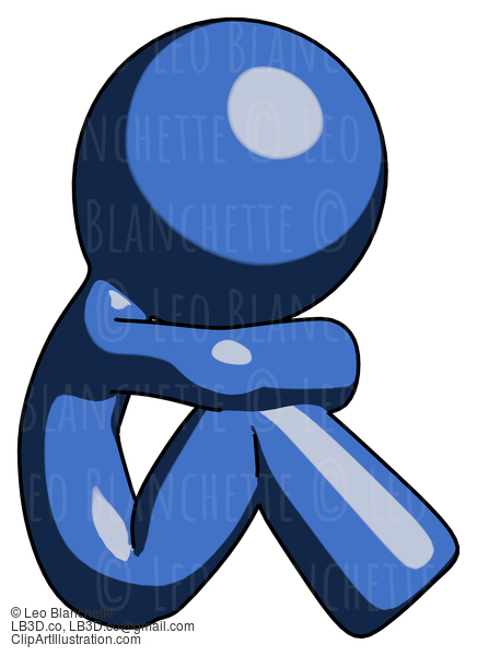 Blue Design Mascot Man Sitting With Head Down Facing Sideways Right #11622