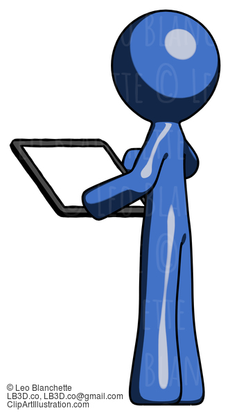 Blue Design Mascot Man Looking At Tablet Device Computer With Back To Viewer #11623