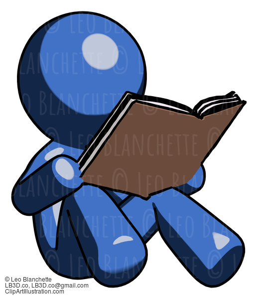 Blue Design Mascot Man Reading Book While Sitting Down #11624