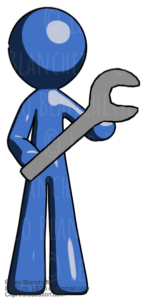 Blue Design Mascot Man Holding Large Wrench With Both Hands #11626