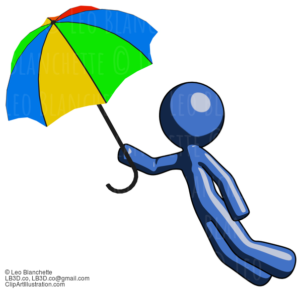 Blue Design Mascot Man Flying With Rainbow Colored Umbrella #11627