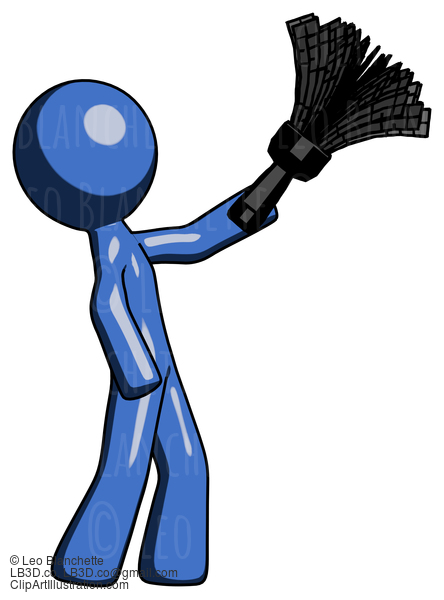 Blue Design Mascot Man Dusting With Feather Duster Upwards #11630