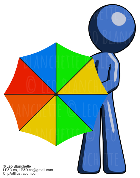 Blue Design Mascot Man Holding Rainbow Umbrella Out To Viewer #11632