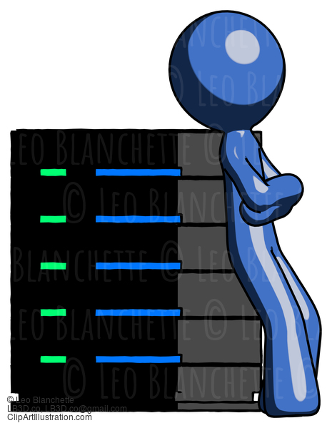 Blue Design Mascot Man Resting Against Server Rack Viewed At Angle #11635