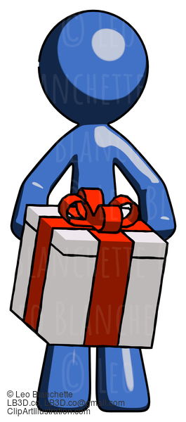 Blue Design Mascot Man Gifting Present With Large Bow Front View #11636