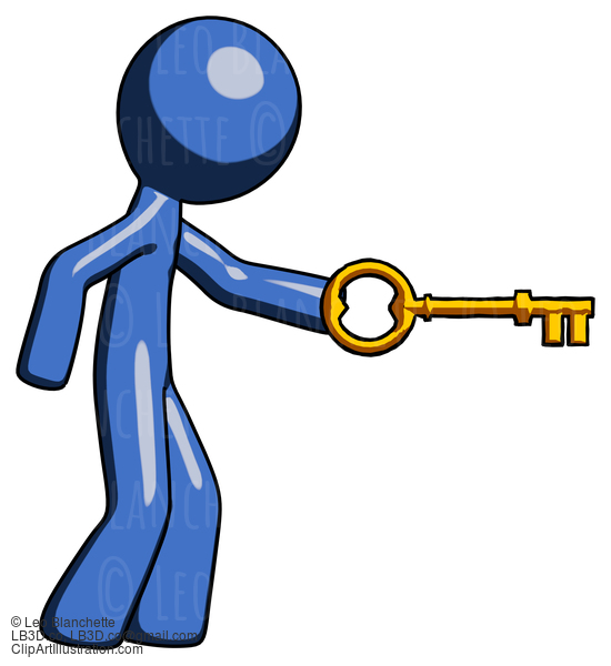 Blue Design Mascot Man With Big Key Of Gold Opening Something #11637