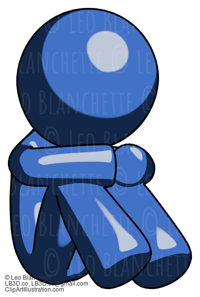 Blue Design Mascot Man Sitting With Head Down Facing Angle Right #11642