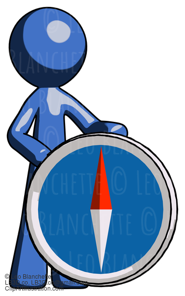 Blue Design Mascot Man Standing Beside Large Compass #11643