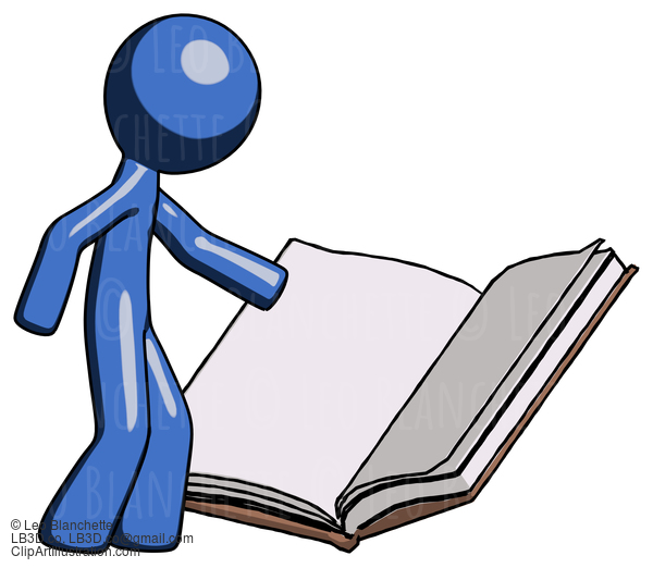 Blue Design Mascot Man Reading Big Book While Standing Beside It #11648