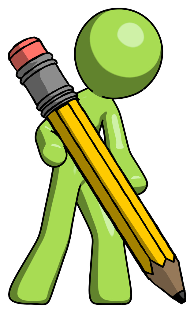 Green Design Mascot Man writing with large pencil