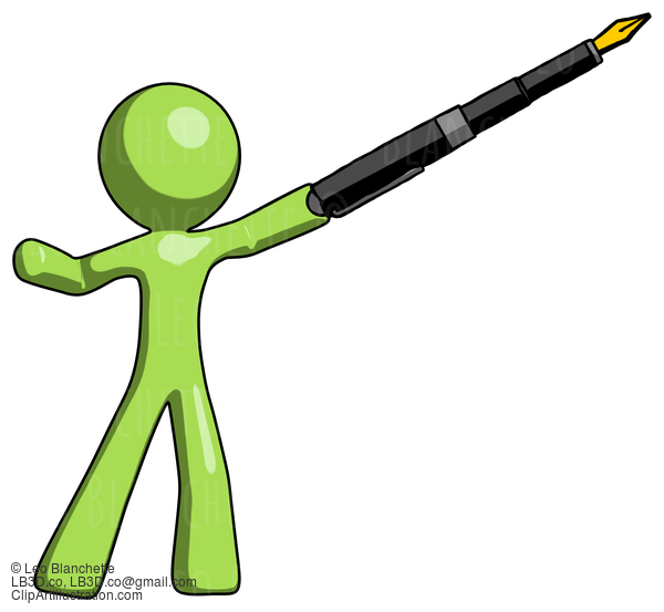 Green Design Mascot Man Pen Is Mightier Than The Sword Calligraphy Pose #10002