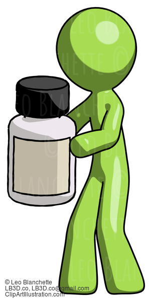 Green Design Mascot Man Holding White Medicine Bottle #10005