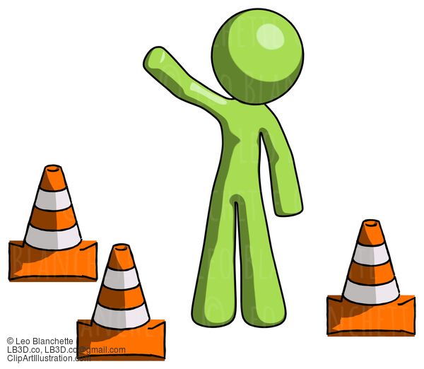 Green Design Mascot Man Standing By Traffic Cones Waving #10007