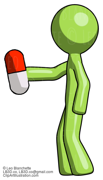 Green Design Mascot Man Holding Red Pill Walking To Left #10008