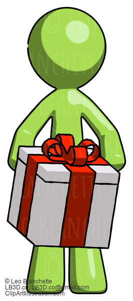 Green Design Mascot Man Gifting Present With Large Bow Front View #10012