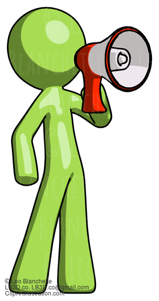 Green Design Mascot Man Shouting Into Megaphone Bullhorn Facing Right #10021