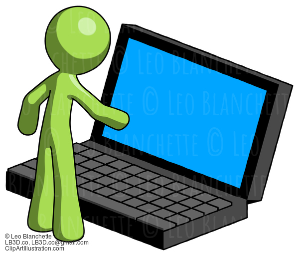 Green Design Mascot Man Using Large Laptop Computer #10023