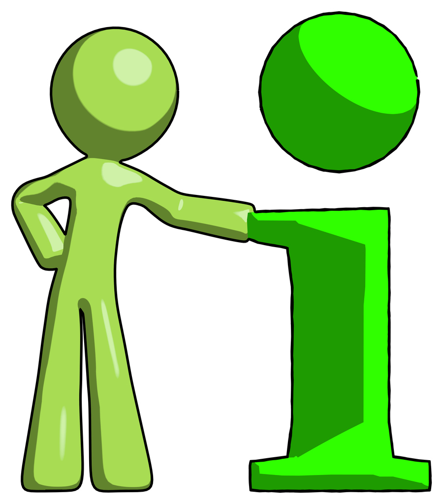 Green Design Mascot Man with info symbol leaning up against it