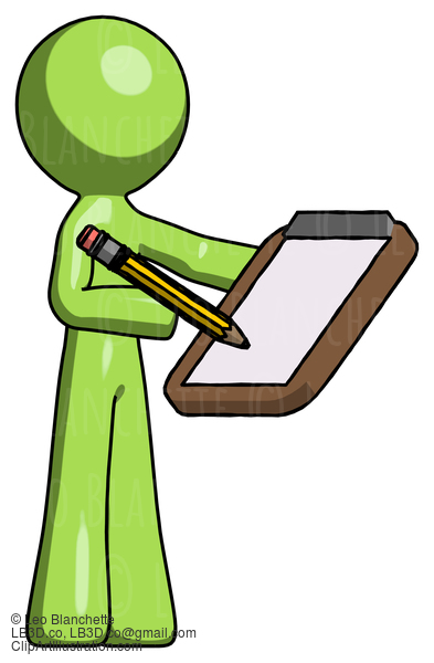 Green Design Mascot Man Using Clipboard And Pencil #10033