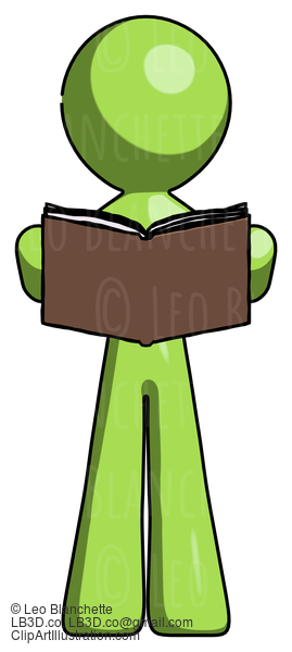 Green Design Mascot Man Reading Book While Standing Up Facing Viewer #10036