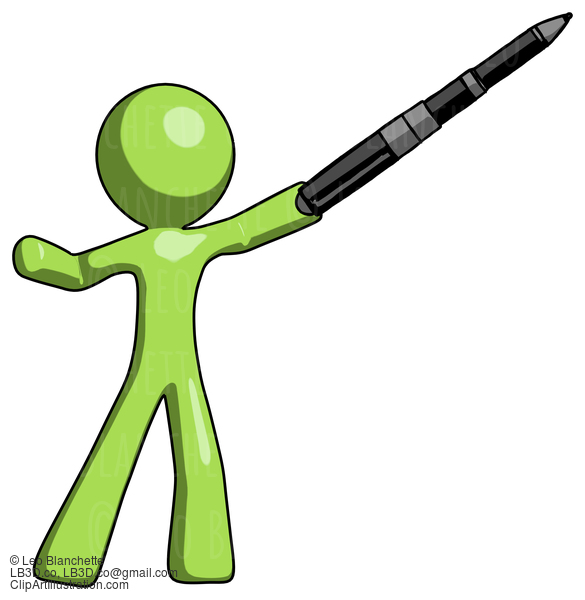 Green Design Mascot Man Demonstrating That Indeed The Pen Is Mightier #10039