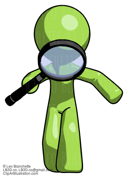 Green Design Mascot Man Looking Down Through Magnifying Glass #10040