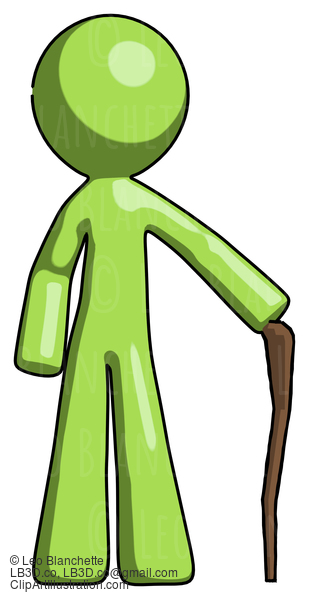 Green Design Mascot Man Standing With Hiking Stick #10042