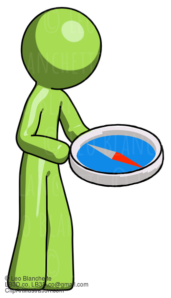 Green Design Mascot Man Looking At Large Compass Facing Right #10046