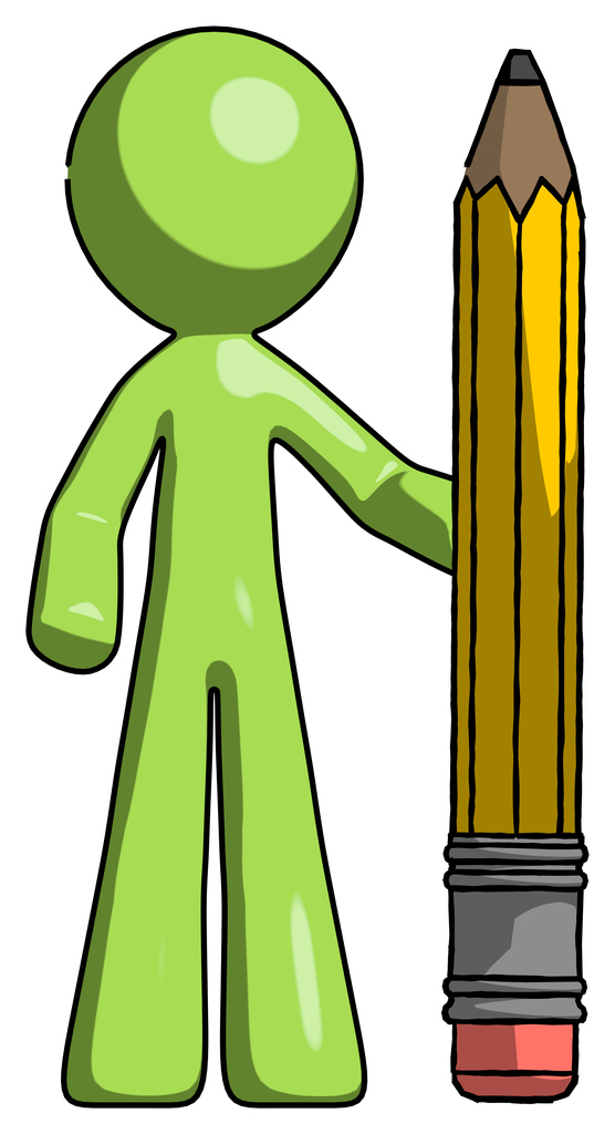 Green Design Mascot Man with large pencil standing ready to write