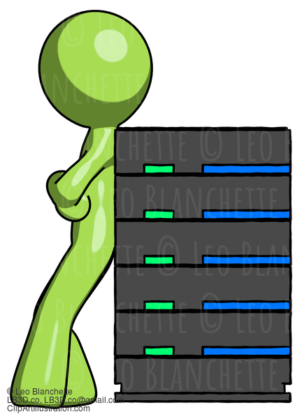 Green Design Mascot Man Resting Against Server Rack #10050