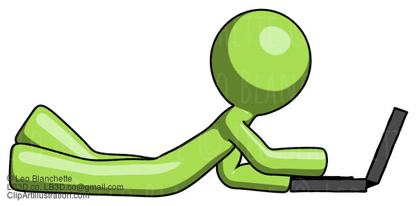 Green Design Mascot Man Using Laptop Computer While Lying On Floor Side View #10053