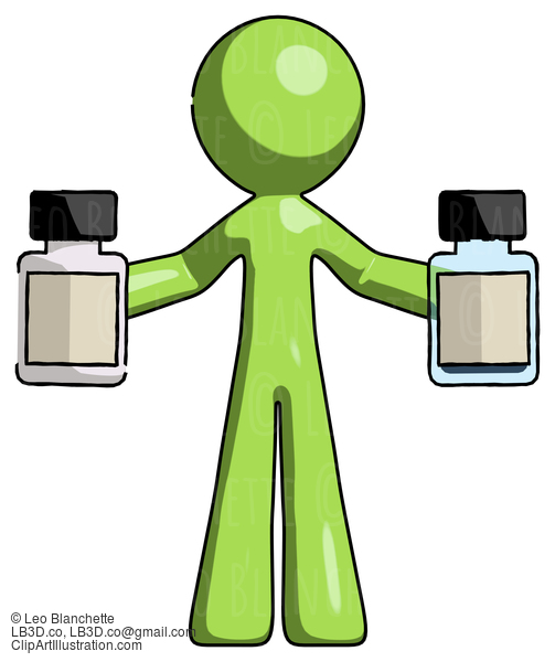 Green Design Mascot Man Holding Two Medicine Bottles #10061