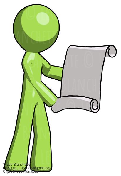 Green Design Mascot Man Holding Blueprints Or Scroll #10062