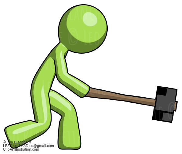 Green Design Mascot Man Hitting With Sledgehammer, Or Smashing Something #10064