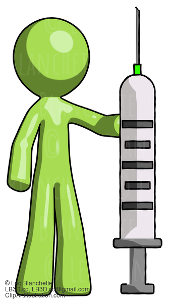 Green Design Mascot Man Holding Large Syringe #10070