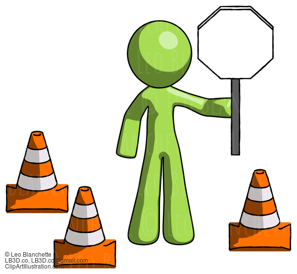 Green Design Mascot Man Holding Stop Sign By Traffic Cones Under Construction Concept #10073