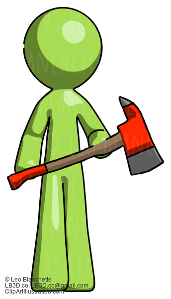 Green Design Mascot Man Holding Red Fire Fighter’S Ax #10075