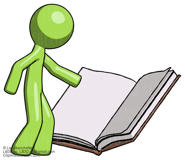 Green Design Mascot Man Reading Big Book While Standing Beside It #10078