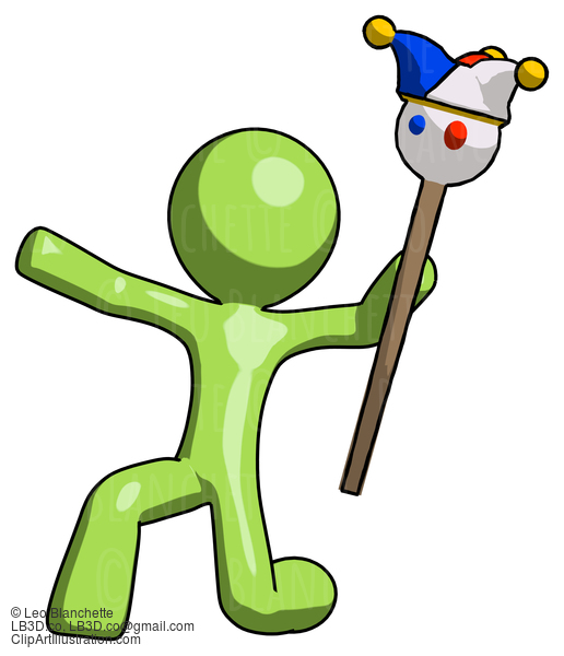 Green Design Mascot Man Holding Jester Staff Posing Charismatically #10079