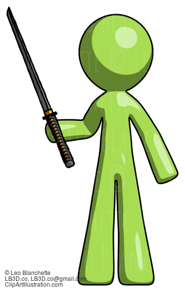 Green Design Mascot Man Standing Up With Ninja Sword Katana #10081