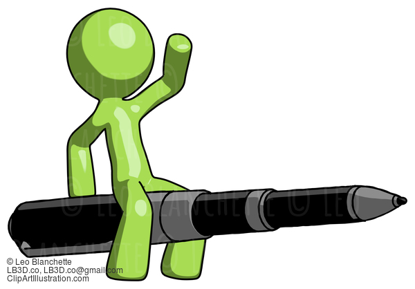 Green Design Mascot Man Riding A Pen Like A Giant Rocket #10083